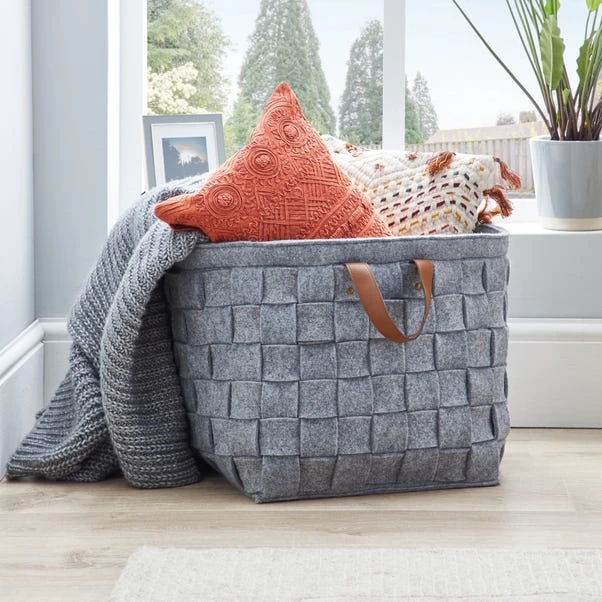 Grey Felt Storage Basket With Leather Handle 3 Grey Felt Storage Basket With Leather Handle