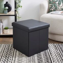 Faux Leather Cube Ottoman Black