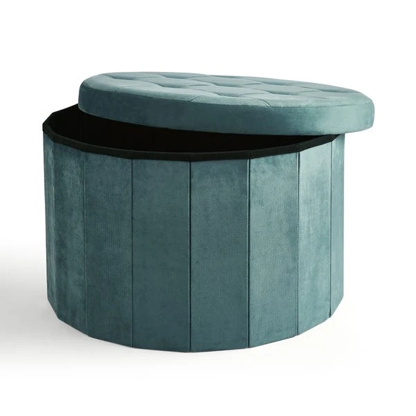 Velvet Large Round Ottoman, Pacific Blue 6 Velvet Large Round Ottoman, Pacific Blue - Image 4