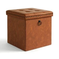 Faux Leather Cube Ottoman, Tan 9 Faux Leather Cube Ottoman, Tan -Habitat Store 30835314 alt02