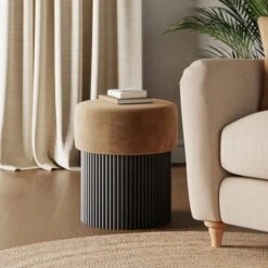 Amari Fluted Wooden Storage Footstool With Caramel Velvet Top