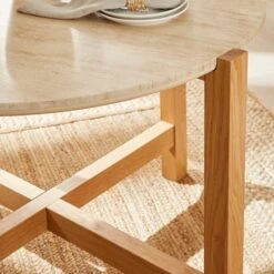 Halton 4 Seater Round Dining Table, Travertine & Oak -Habitat Store 30925309 alt02